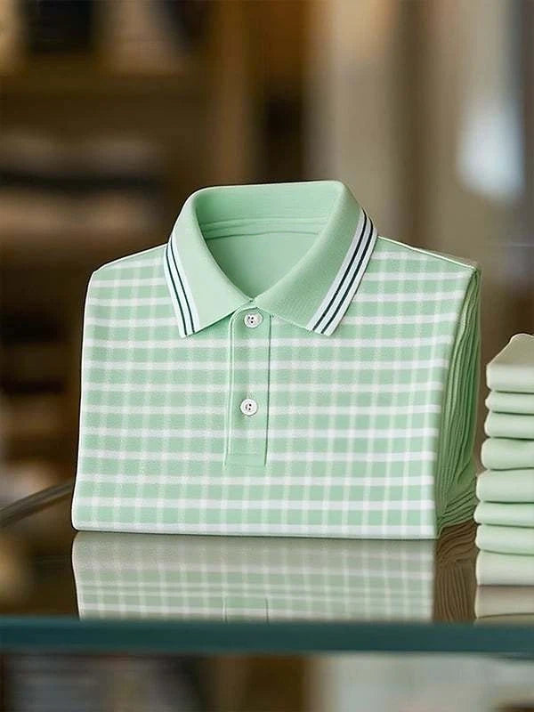 Men's Classic Business Stripe Logo Button Short Sleeve Polo Shirt