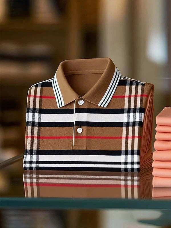 Men's Classic Business Stripe Logo Button Short Sleeve Polo Shirt