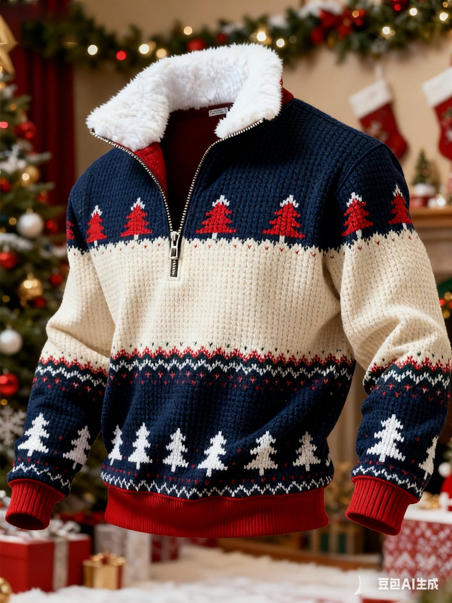 Men's Retro Color Block Print Christmas Fur Collar Sweatshirt