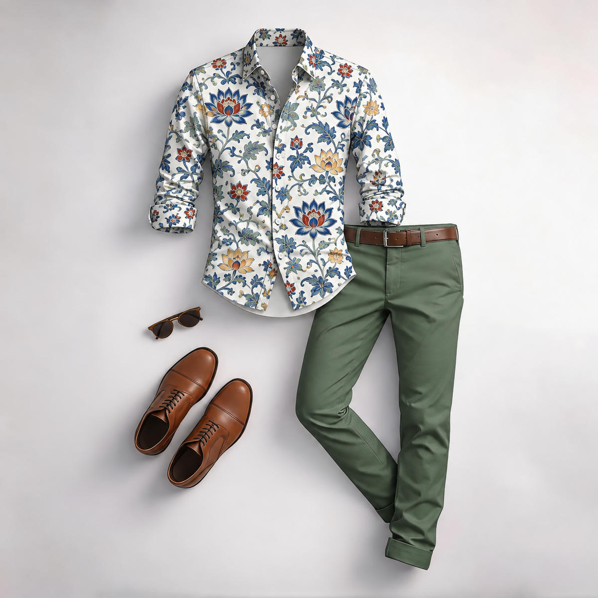 Men's Vintage Floral Print Long-Sleeve Shirt and Pants Set