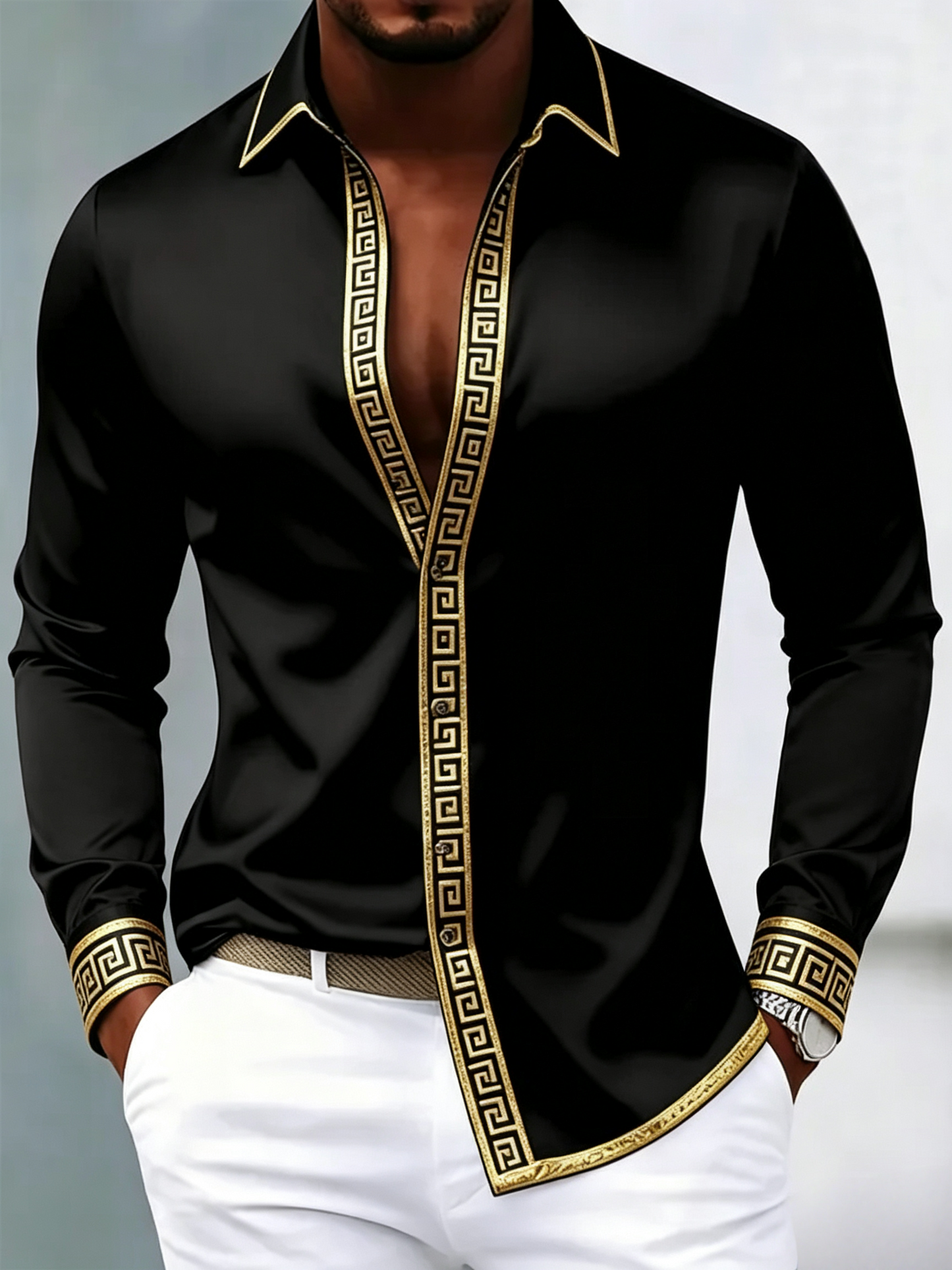 Men's Slim Gloss Long-Sleeve Shirt Geometric Gold Border