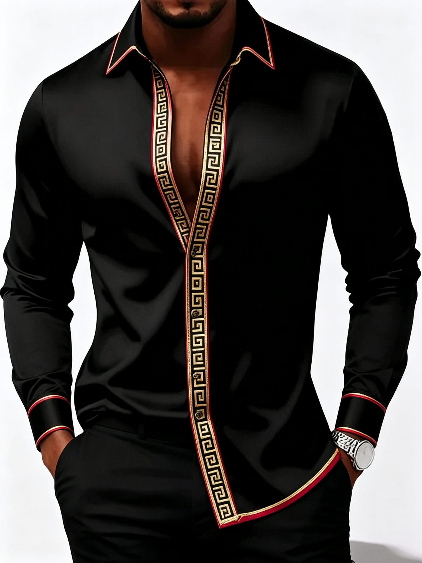 Men's Black Satin Luxury Party Long-Sleeve Shirt