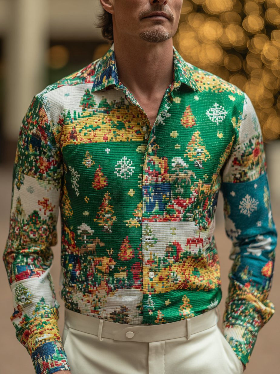 Men's Business Christmas Print Long Sleeve Shirt
