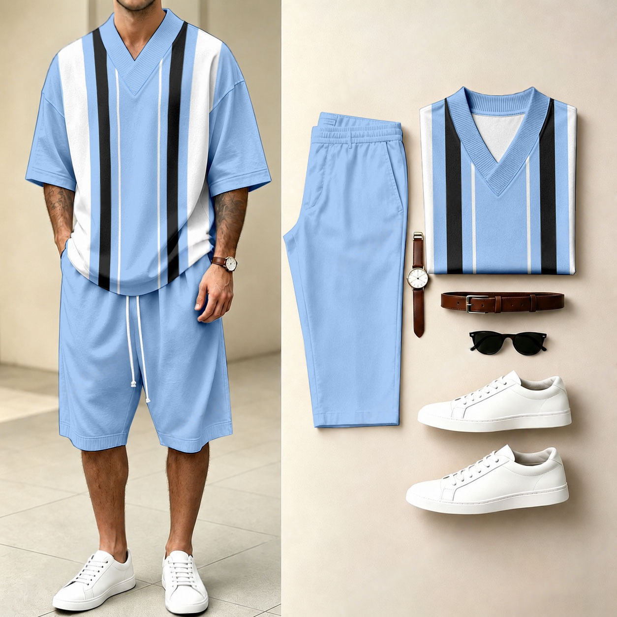 Men's Casual Vertical-Striped Print V-Neck Short-Sleeve T-Shirt And Shorts Two-Piece Set