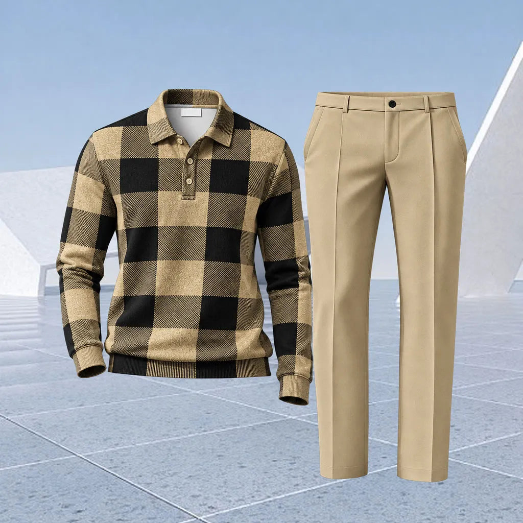 Men's Checkered Polo Shirt and Pants Set