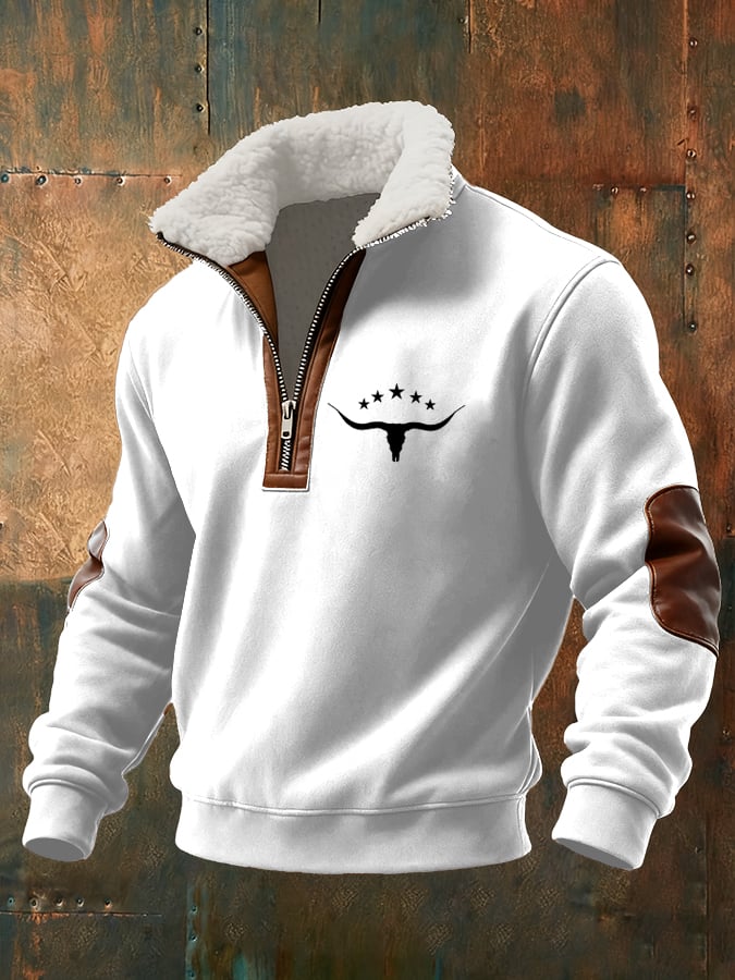 Men's Retro Western Cow Head Design Printed Plush Stand Collar Sweatshirt