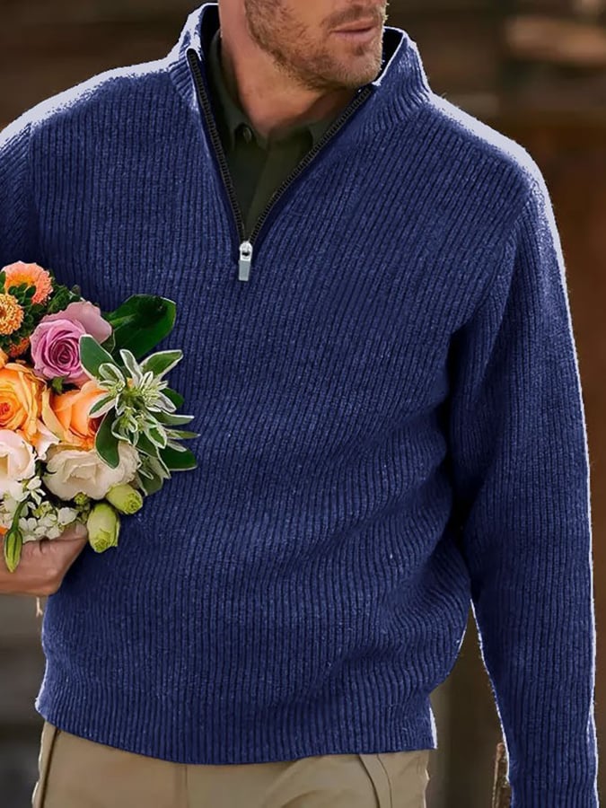 Men's Cotton American Casual Polo Neck Half Zip Knit Tops