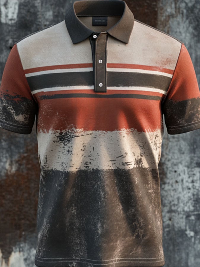 Men'S Casual Retro Striped Print Business Short-Sleeved Polo Shirt