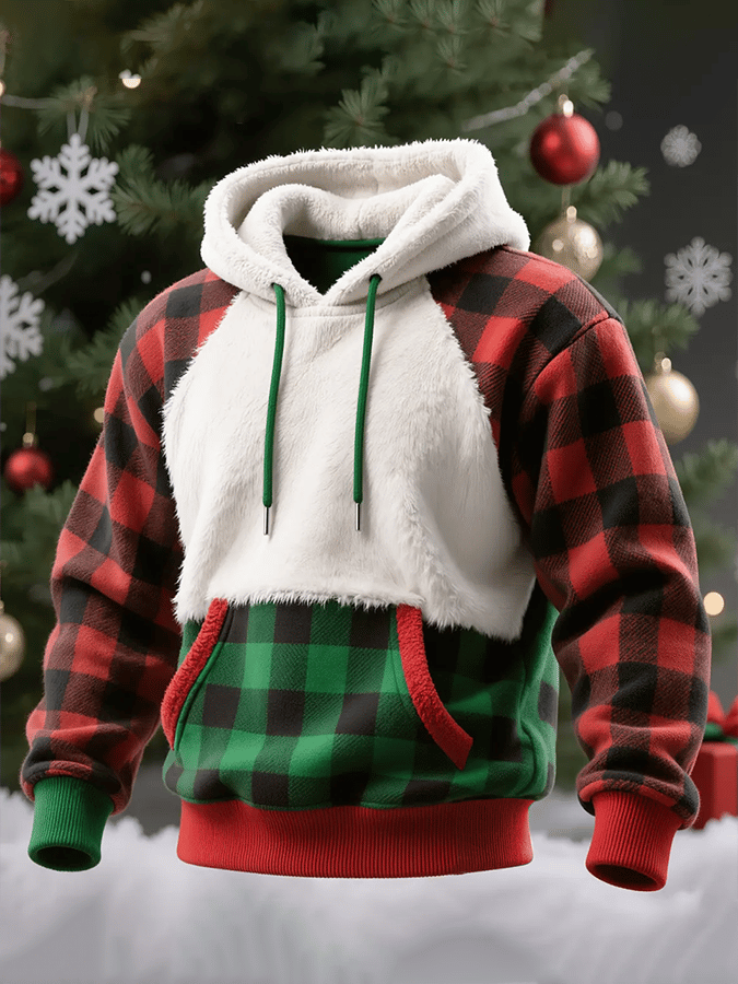 Men's Plush Patchwork Christmas Plaid Hooded Sweatshirt