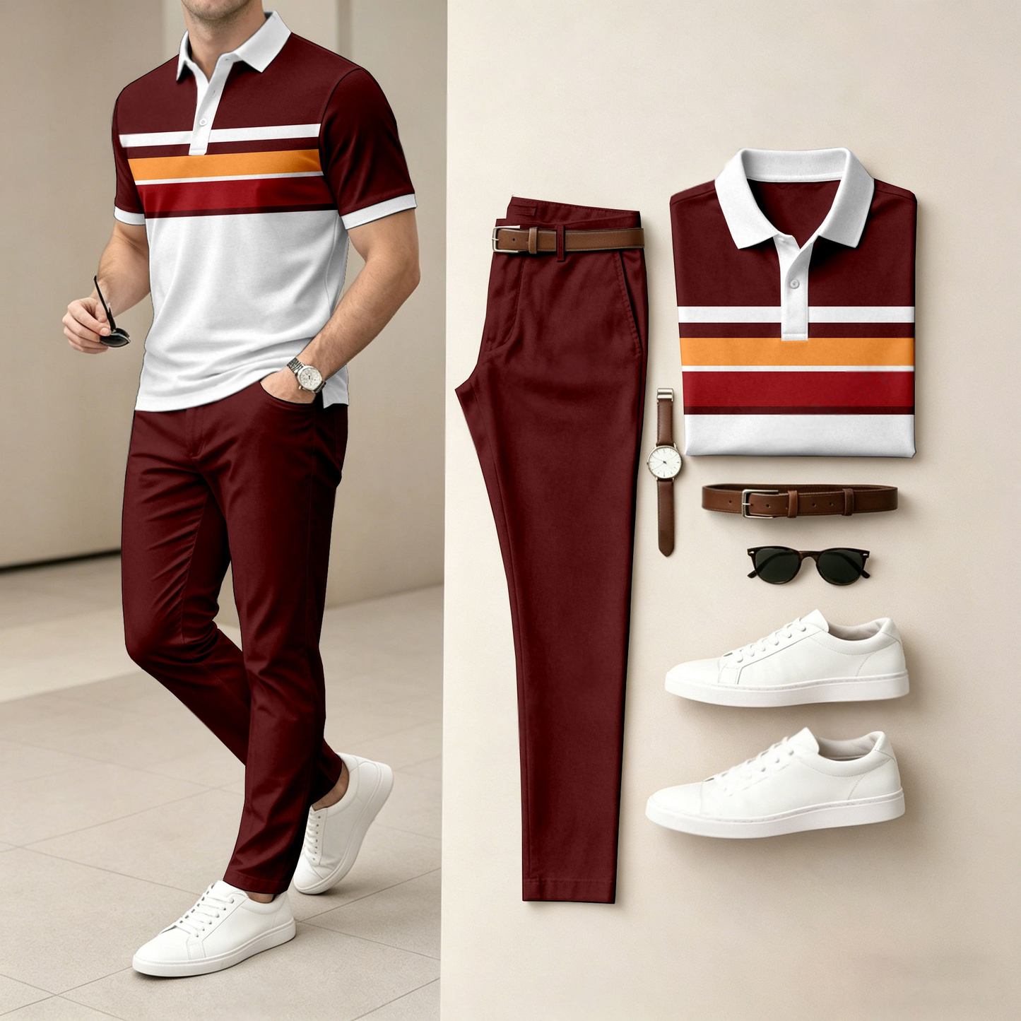 Men's Casual Horizontal Striped Color-Block Print Short-Sleeve Polo Shirt And Pants Set (Excludes Accessories Such As Watches And Belts)