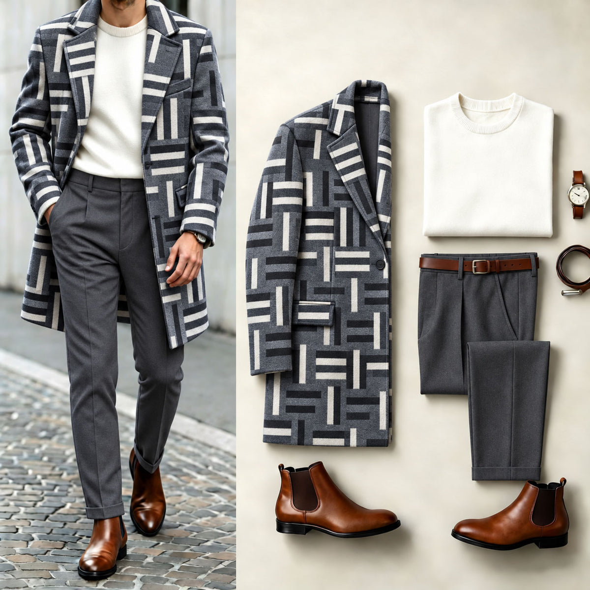 Men's Three-Piece Set: Color-Blocked Checkered Coat, Crew-Neck Sweater, and Slacks