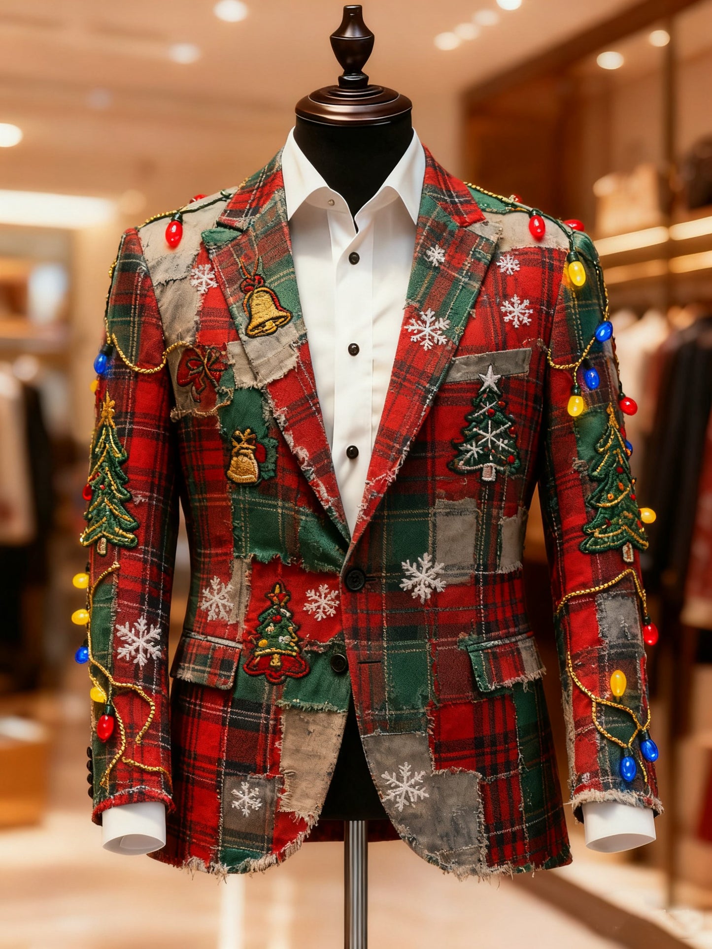 Men's Business Casual Large Pocket Notch Lapel Print Christmas Blazers