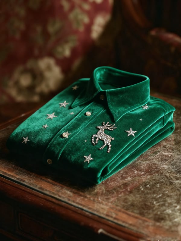 Men's Velvet Rhinestone Christmas Logo Casual Long Sleeve Shirt