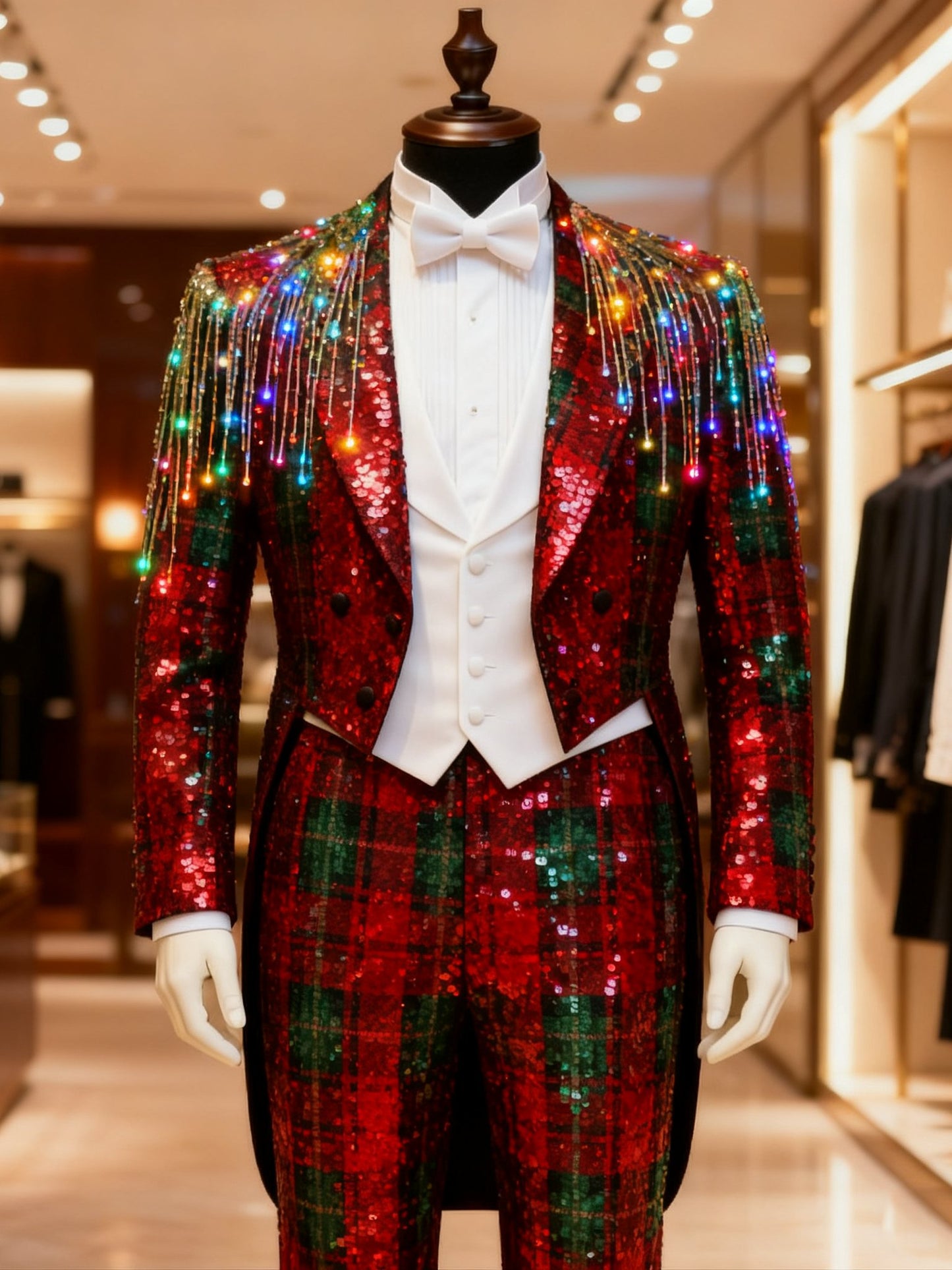 Men's Business Check Print Tuxedo Dinner Suit White Tie Red Tailcoat