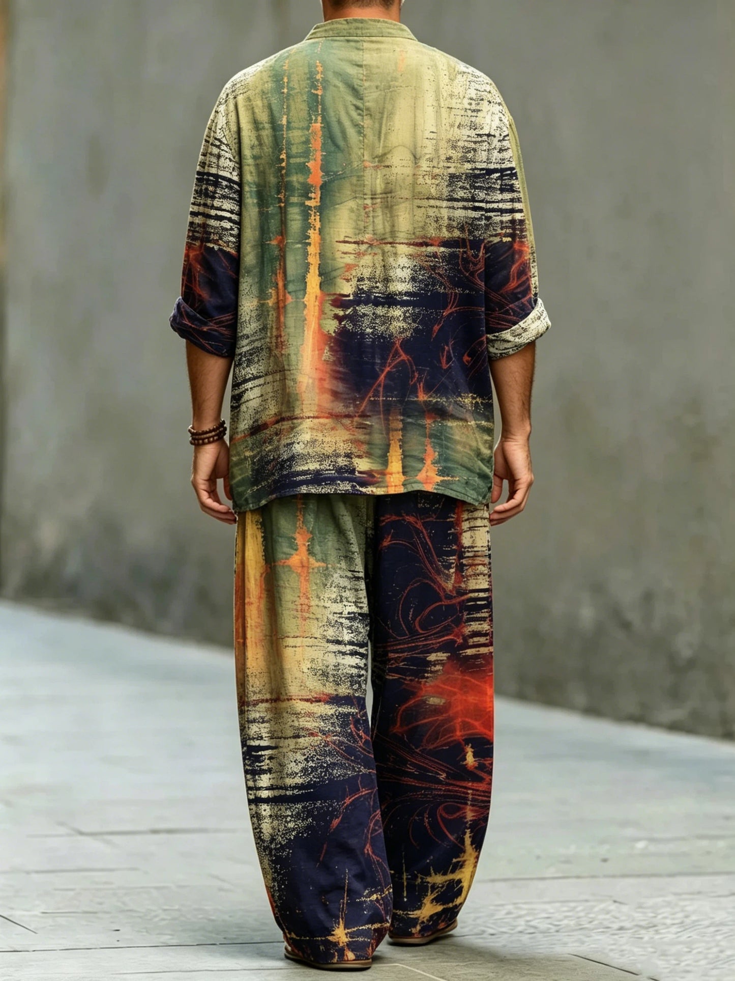 Men's Fashionable Abstract Art Print Cotton Shirt Set