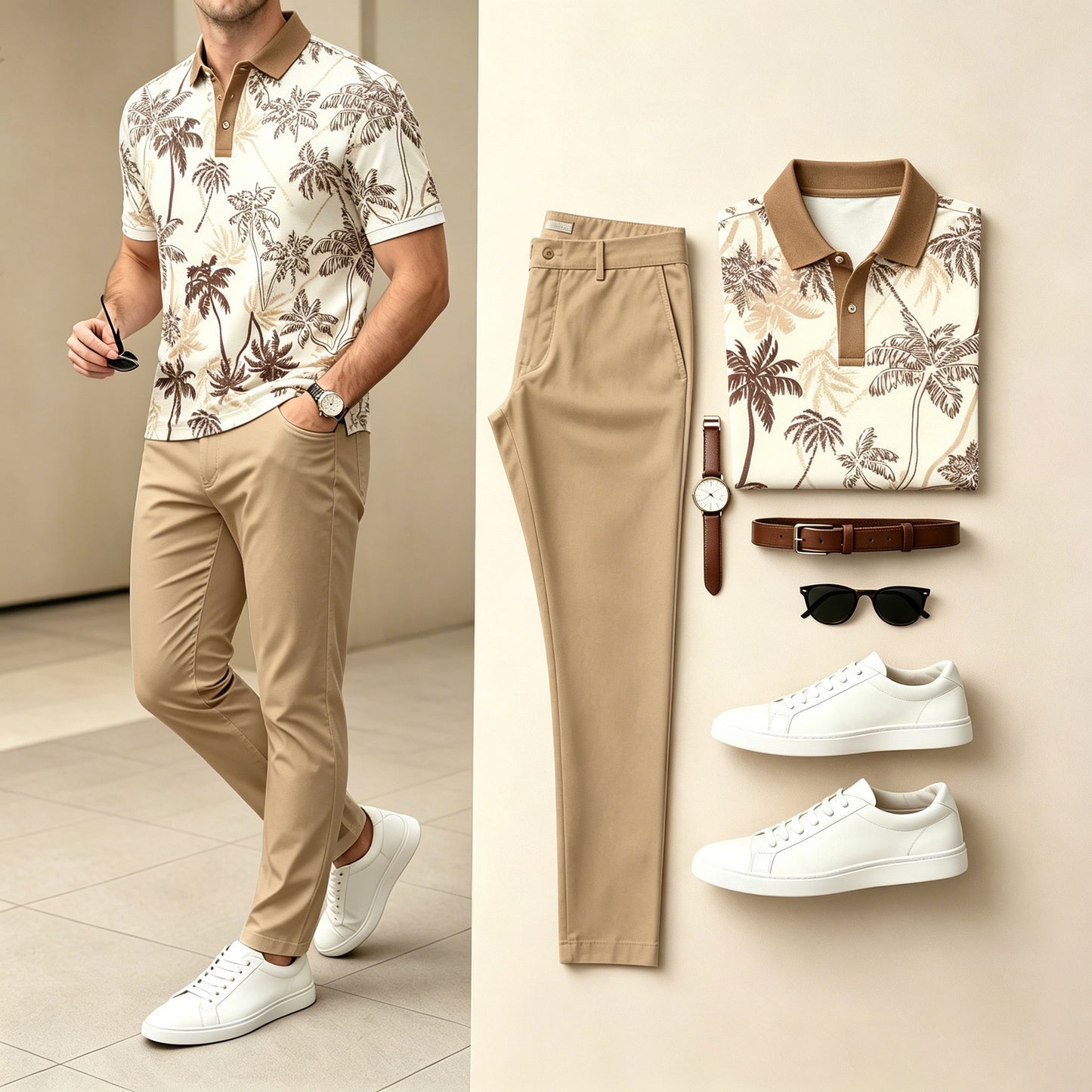 Men's Casual Khaki Color Matching Printed Short Sleeves Polo Shirt & Pants Two Piece Set