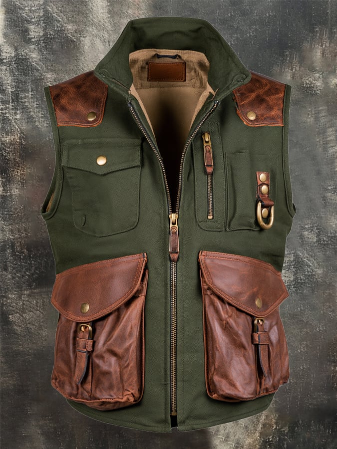 Men's Vintage-Wash Leather Panel Vest