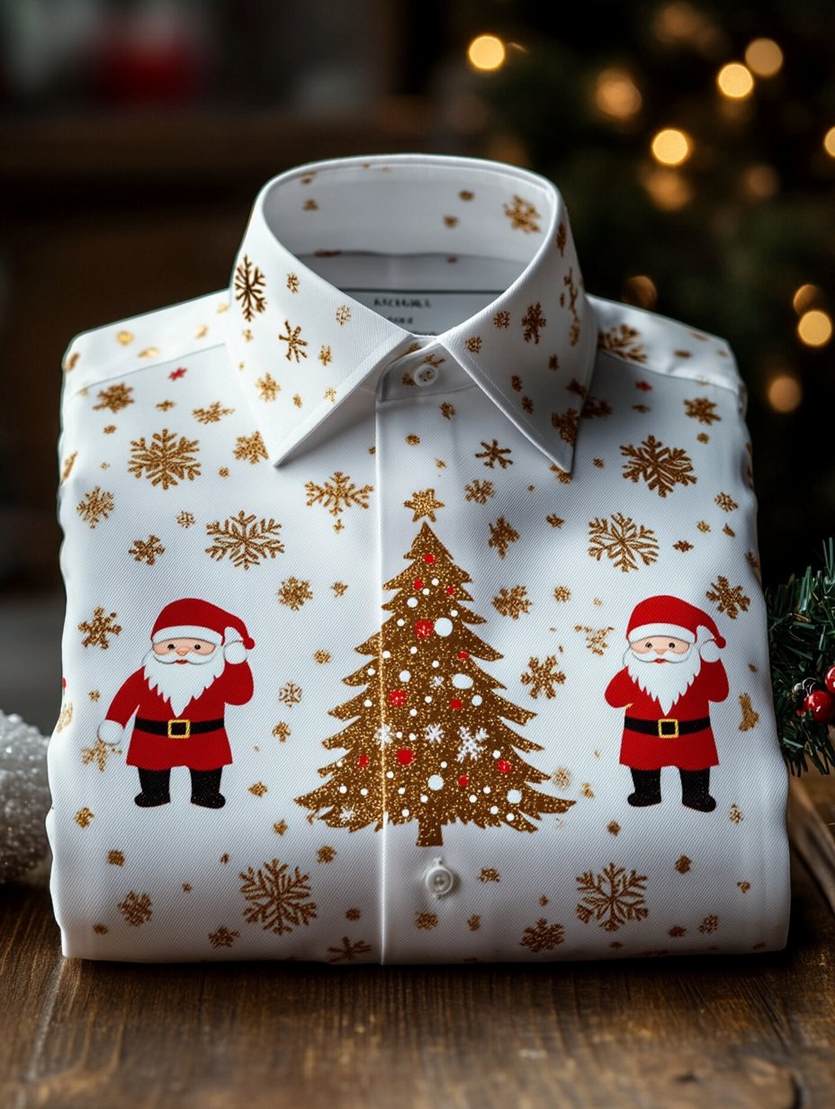 Men's Business Retro Santa Claus Print Long Sleeve Shirt