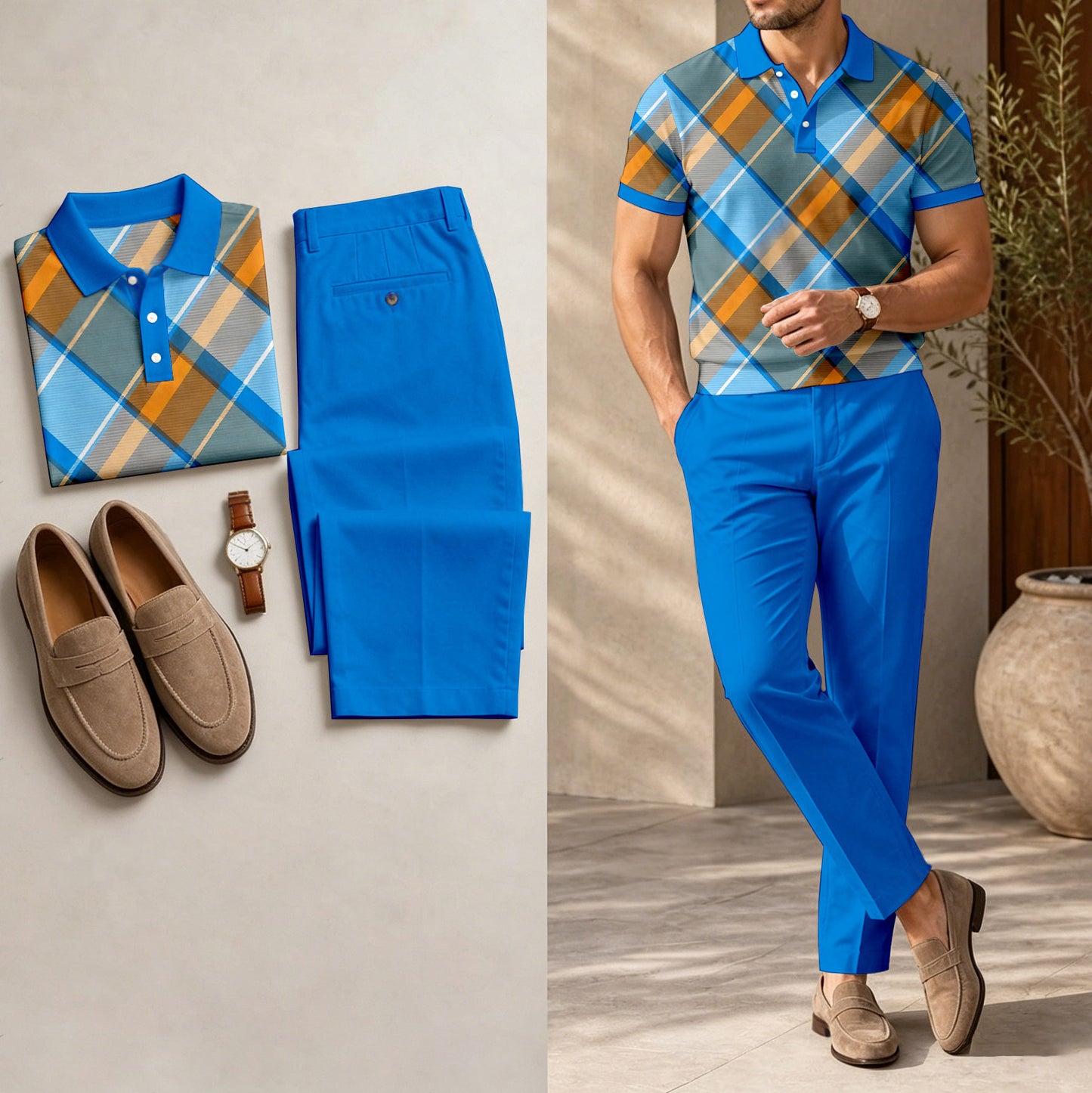 Men's Casual Dark Blue Geometric Printed Polo Shirt And Pants Two-Piece Set