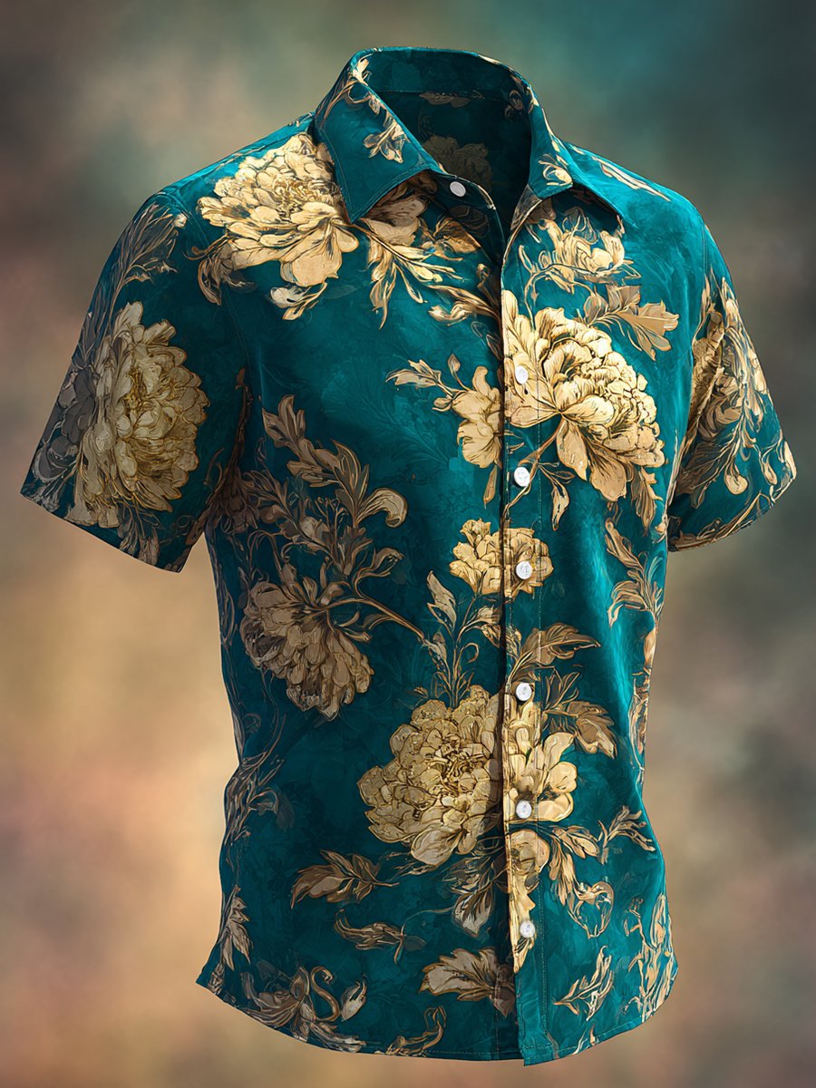 Men's Business Casual Floral Print Lapel Short Sleeve Shirt
