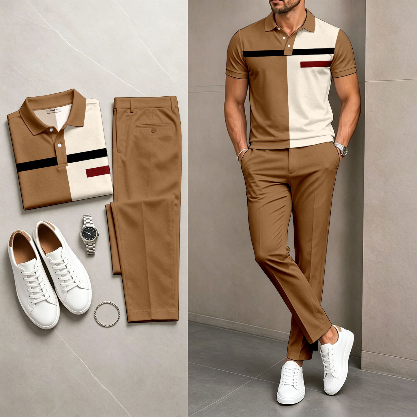 Men's Casual Brown Stripes Printed Polo Shirt And Pants Two-Piece Set