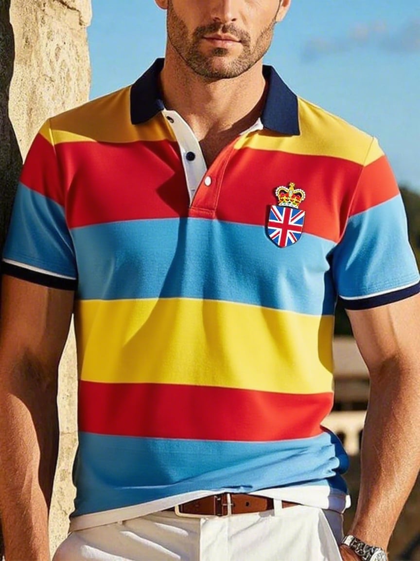 Men's Business Casual Union Jack Button Short Sleeve Polo Shirt