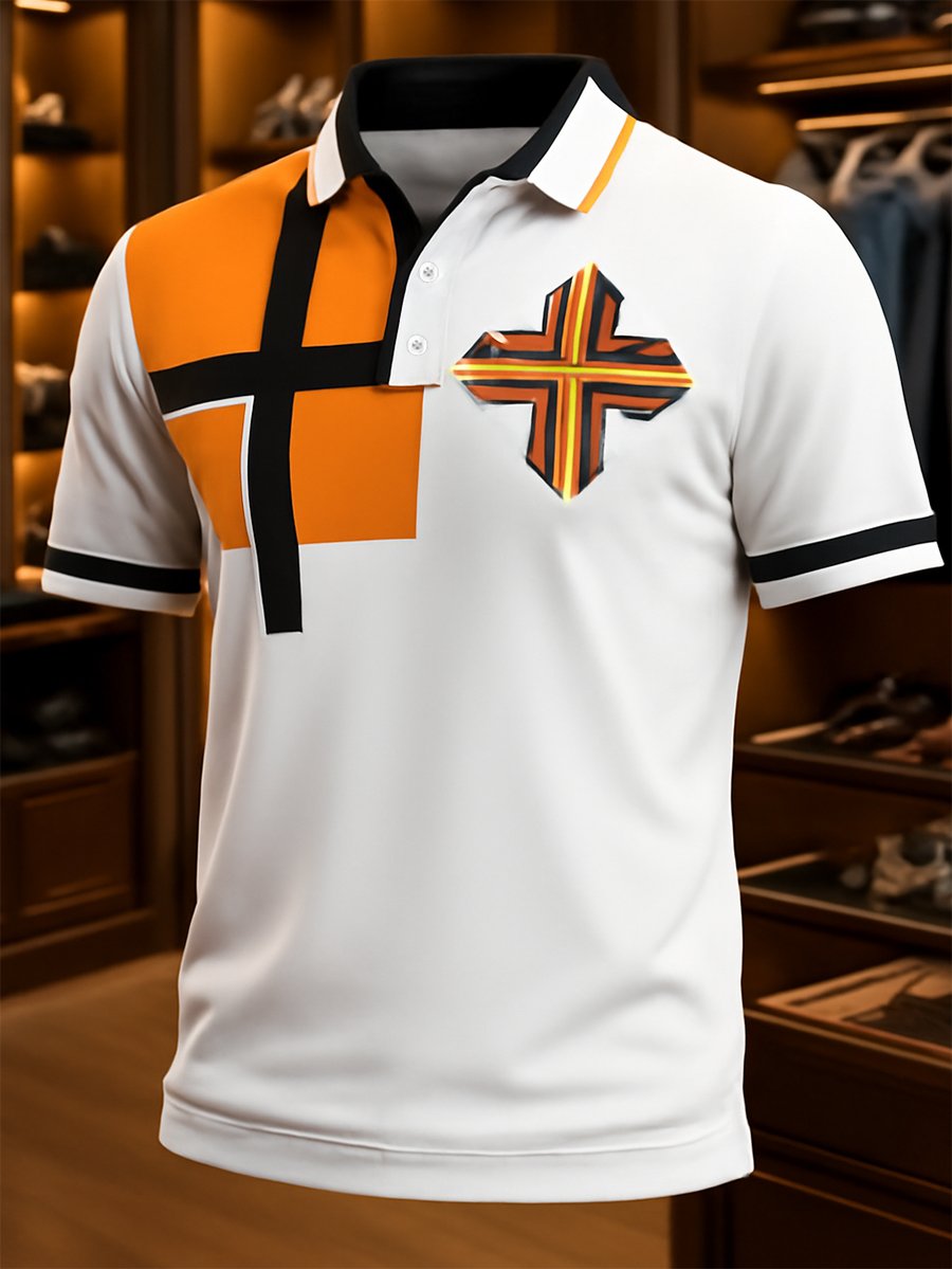 Men's Business Casual Cross Faith Button Short Sleeve Polo Shirt