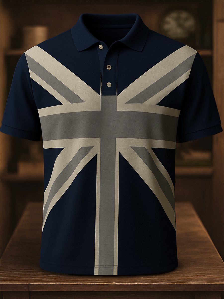 Men's Business Casual Union Jack Button Short Sleeve Polo Shirt