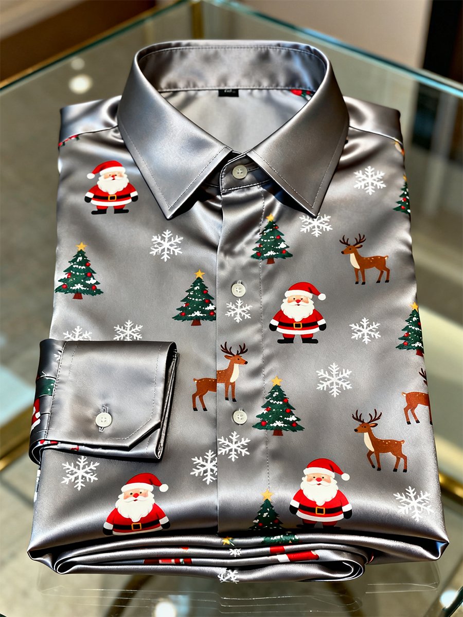 Men's Luxurious Satin Christmas Long Sleeve Shirt