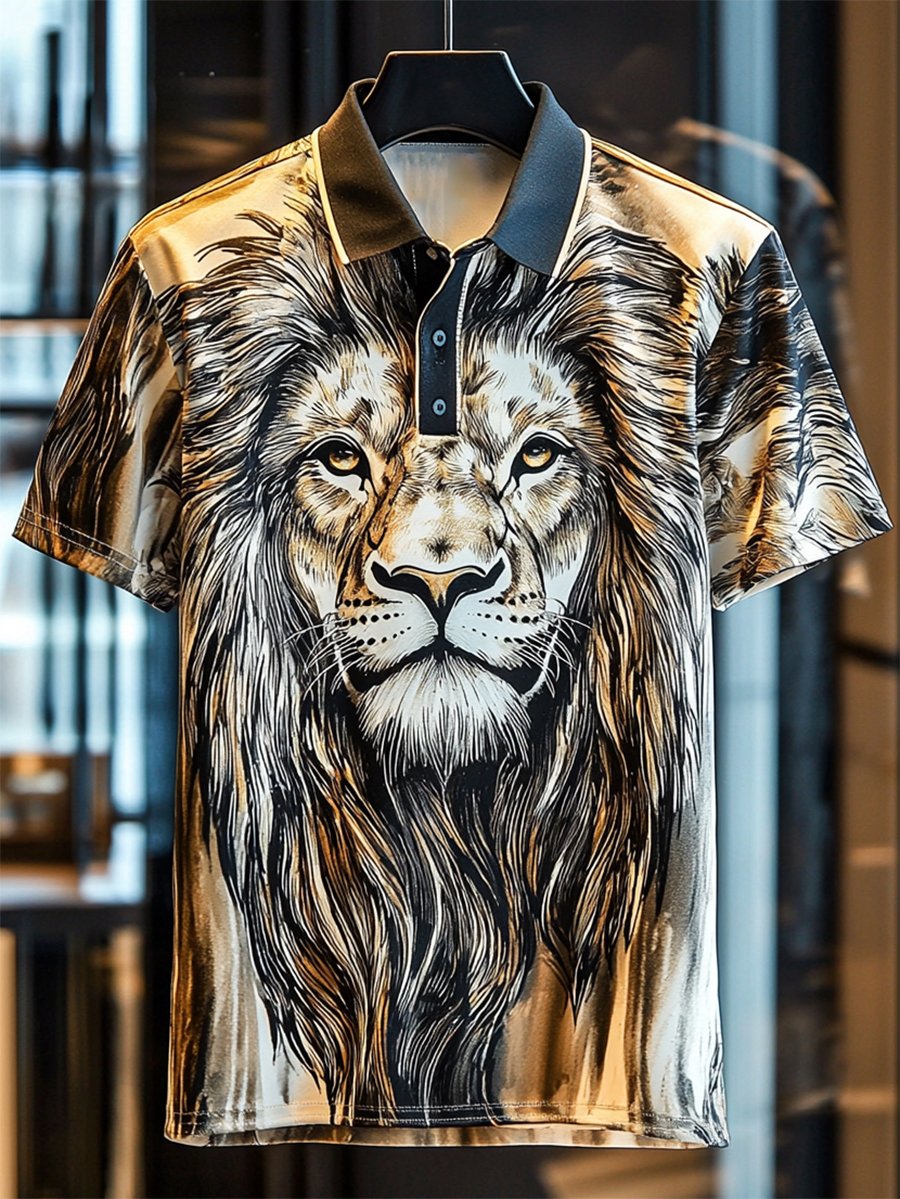 Men's Business Casual Lion Print Button Short Sleeve Polo Shirt