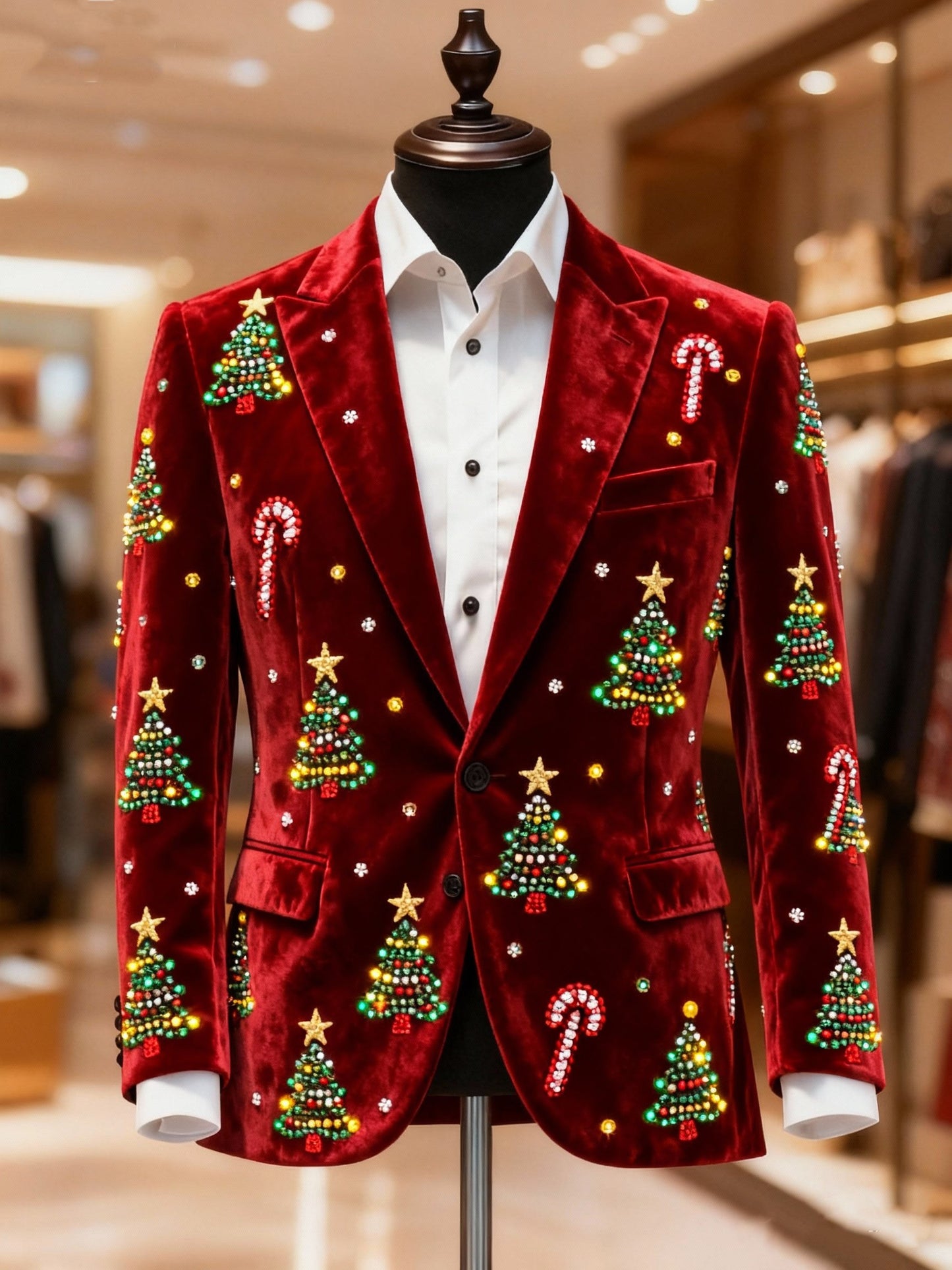 Men's Christmas Tree Candy Cane Casual Print Large Pocket Blazers