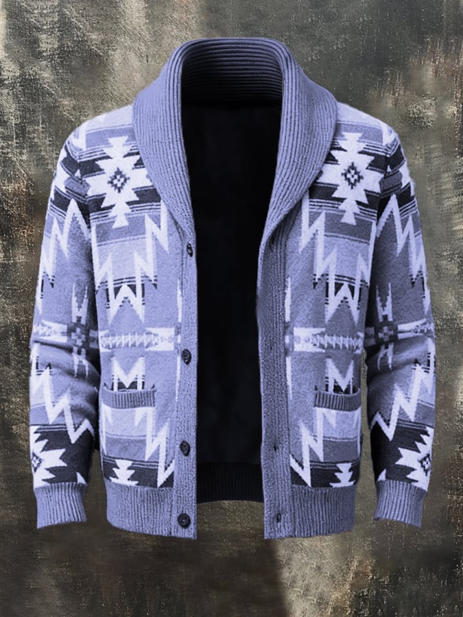 Men's Retro Contrast Pattern Knitted Cardigan Jacket