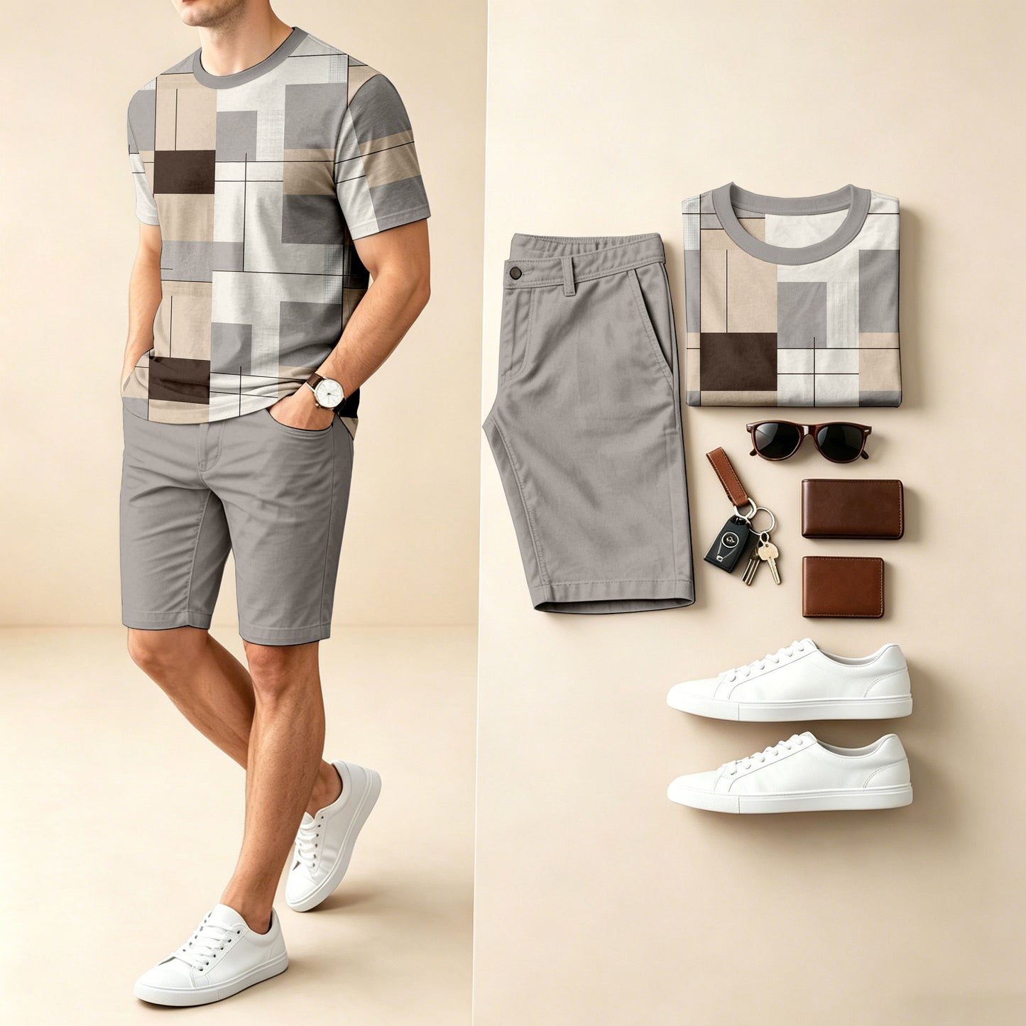 Men's Casual Checkered Crew-Neck Short-Sleeve T-Shirt And Shorts Two-Piece Set