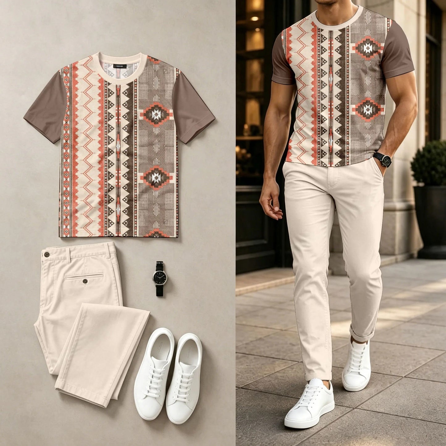 Men's Casual Multi-Color Block Print Round-Neck Short-Sleeve Top And Pants Two-Piece Set