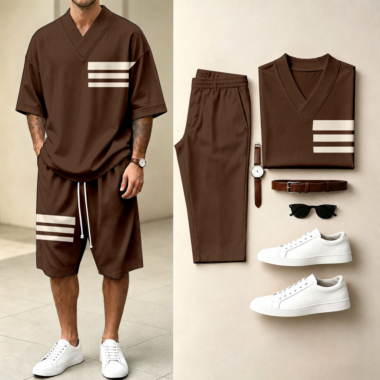 Men's Casual Solid-Color Printed V-Neck Short-Sleeve T-Shirt And Shorts Two-Piece Set