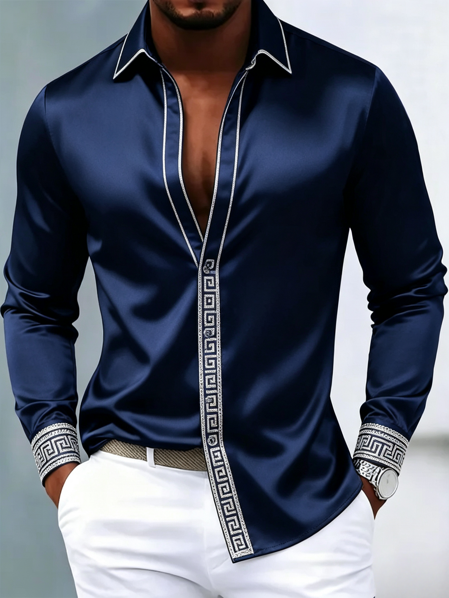 Men's Navy Satin Long-Sleeve Shirt Silver Greek Trim