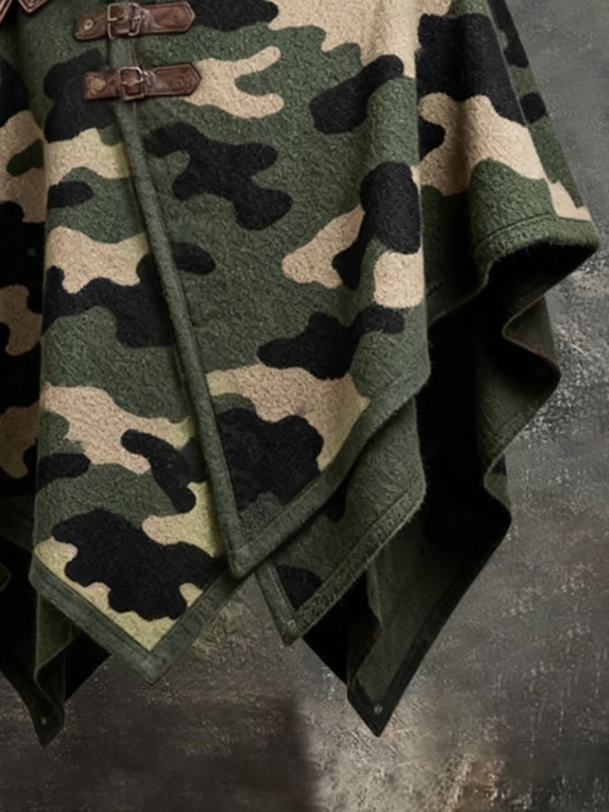 Men's Vintage Camouflage Print & Leather-Panel Wool-Blend Warm Cape/Poncho