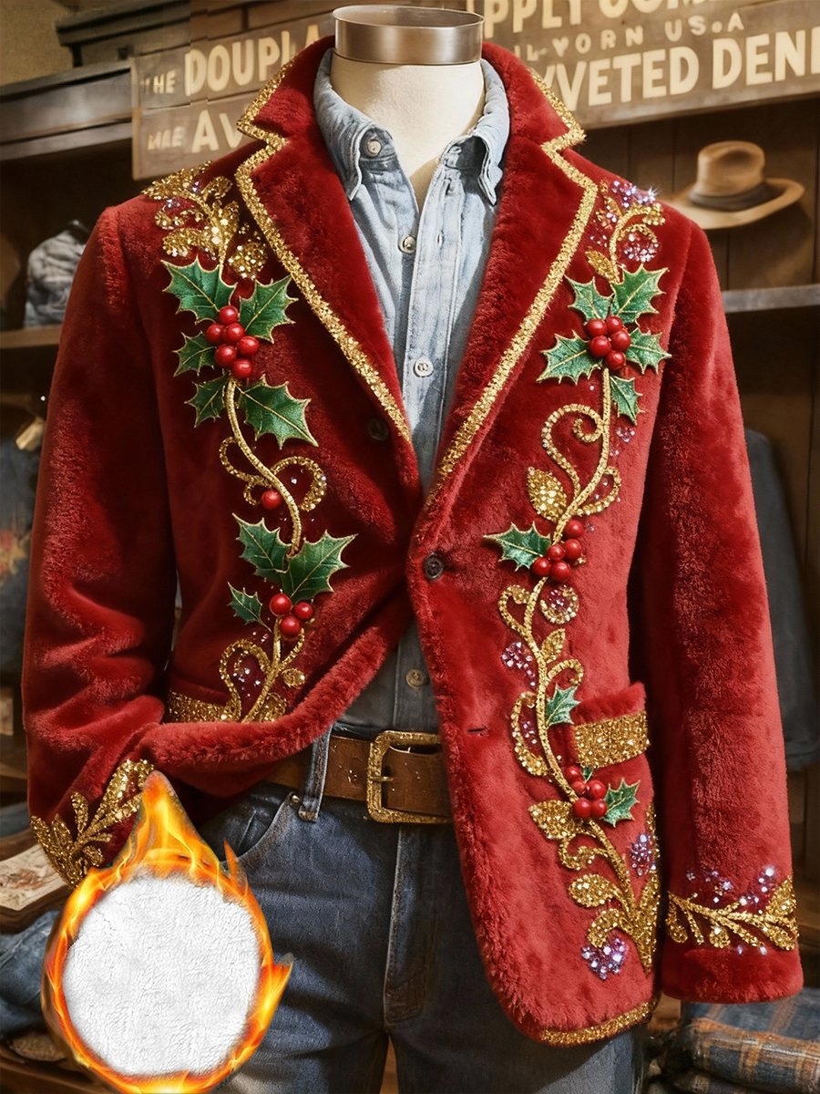Men's Christmas Holly Plush Collar Suit Jacket