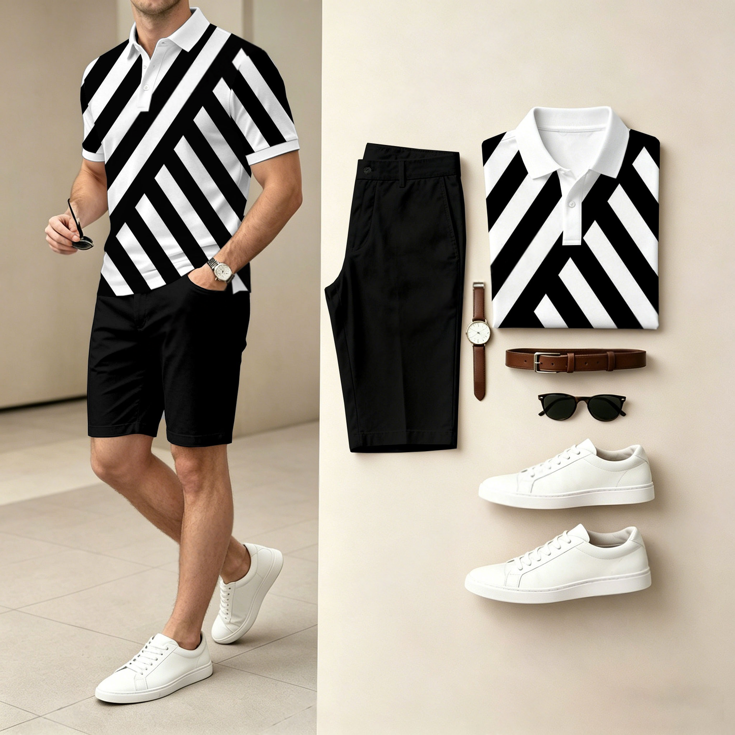 Men's Casual Striped Print Polo Shirt And Shorts Two-Piece Set (Does Not Include Watch, Belt, Or Accessories)