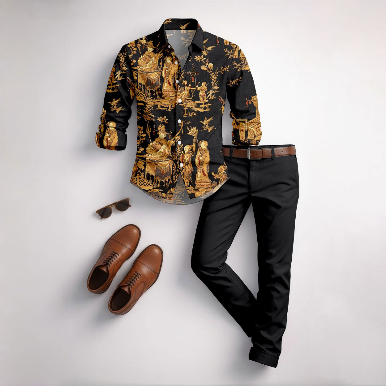 Men's Ethnic-Print Long-Sleeve Shirt and Pants Set