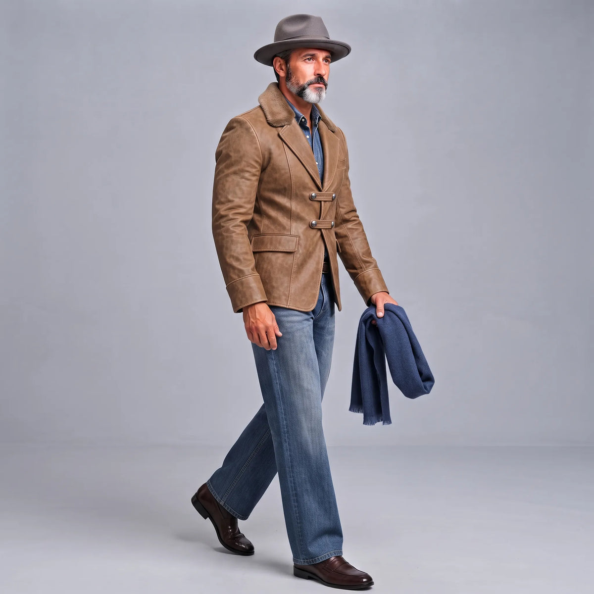 Men's Camel PU Leather Contrast Fuzzy Collar Double Breasted Slim Fit Vintage Blazer