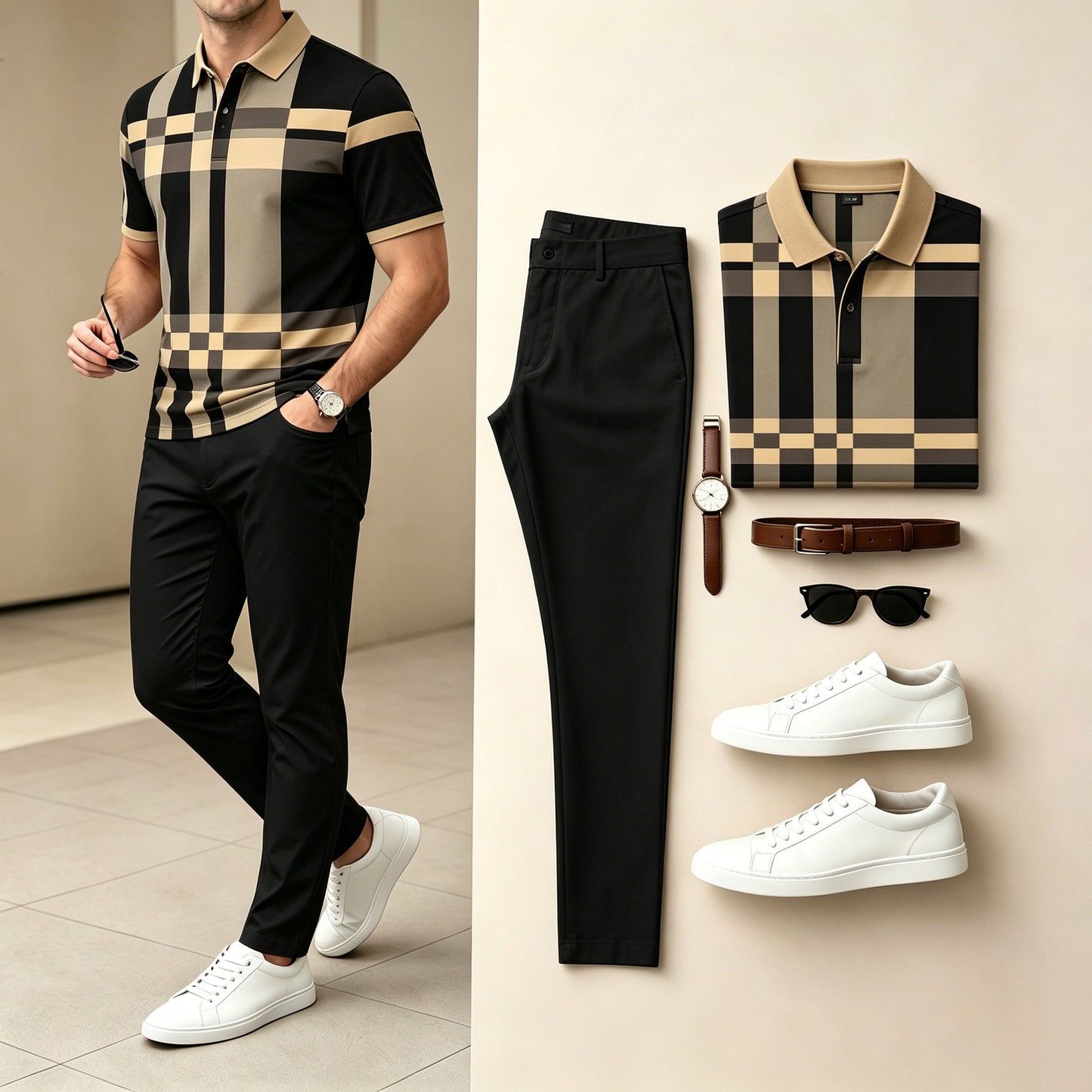 Men's Casual Khaki & Black Color Matching Color Matching Short Sleeves Polo Shirt & Pants Two Piece Set