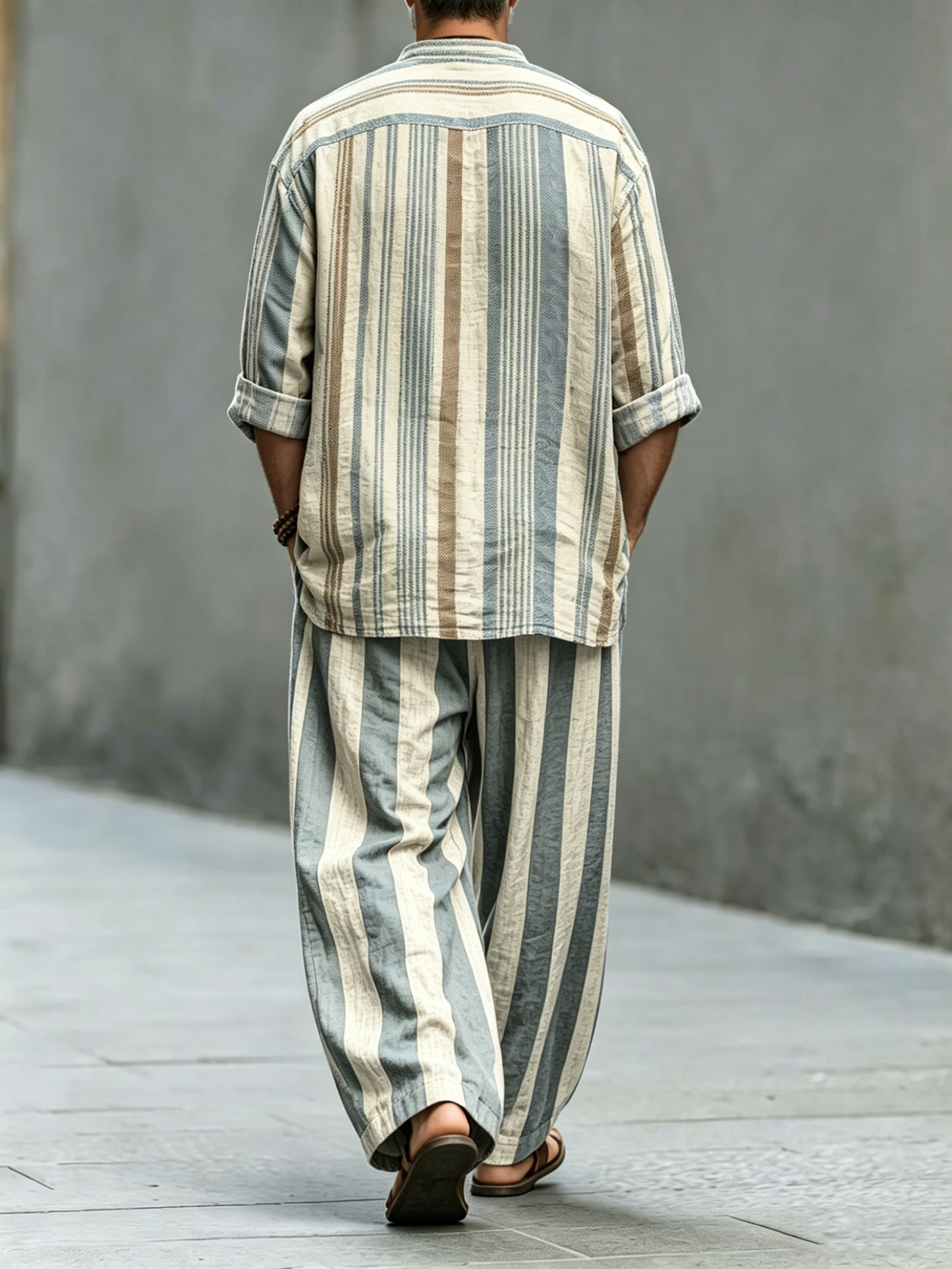 Men's Retro Stripes Art Print Cotton Shirt Set