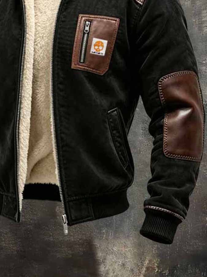 Men'S Vintage Suede And Leather Panel Fleece-Lined Warm Outdoor Jacket
