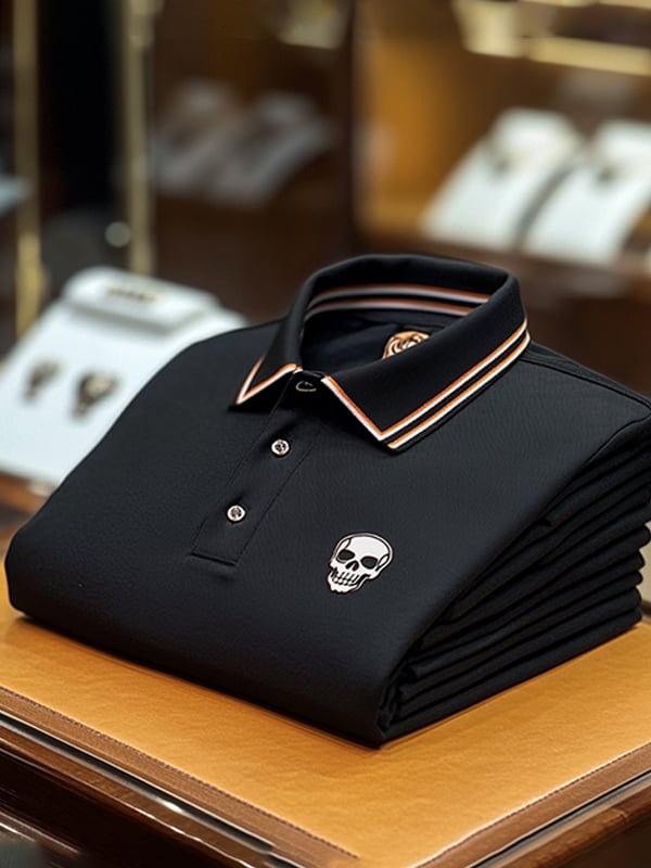 Men's Business Casual Skull Print Button-Down Polo Shirt