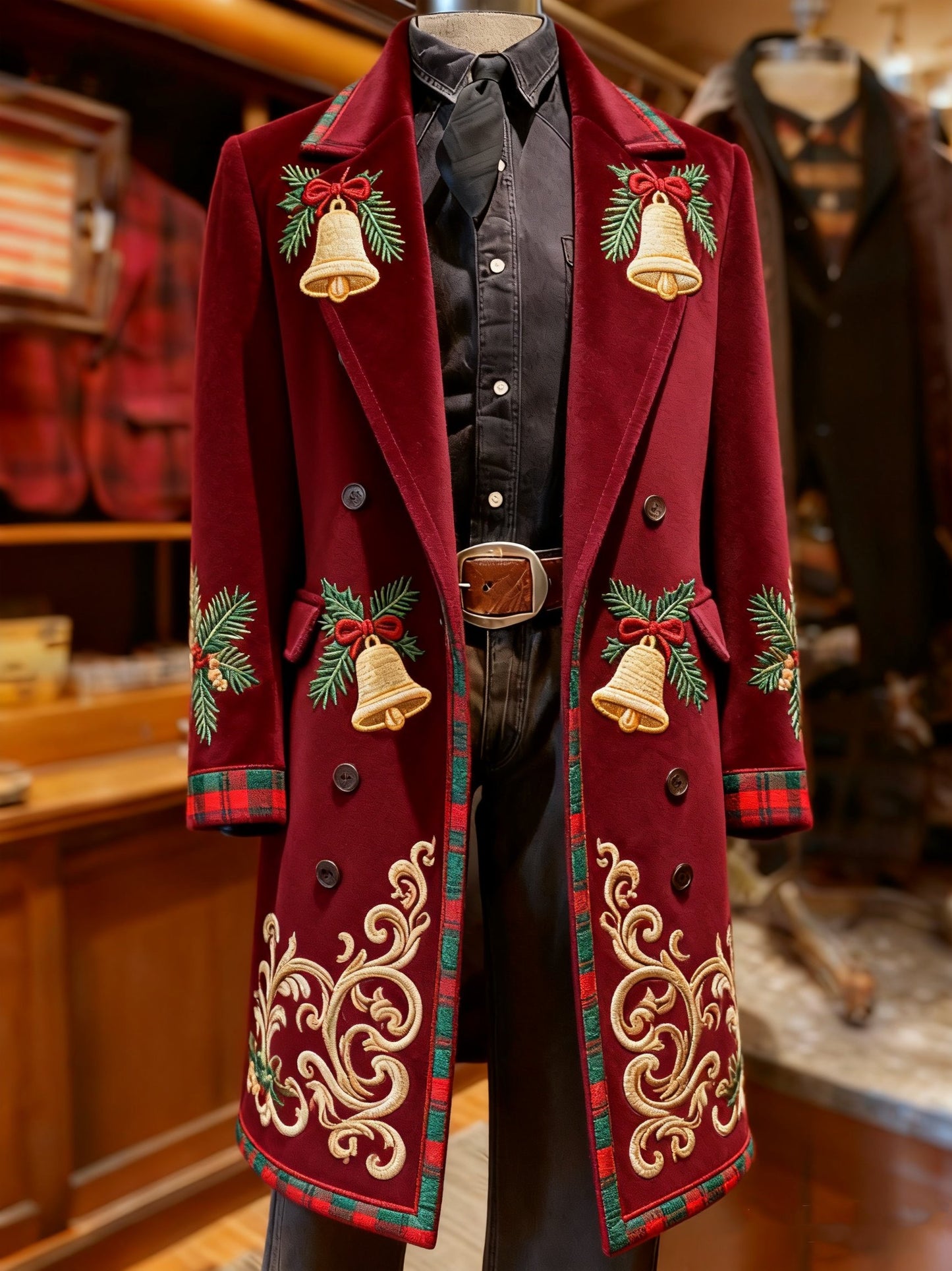 Men's Business Reindeer Christmas Snowman Tree Snowflakes Santa Long Wool Coat
