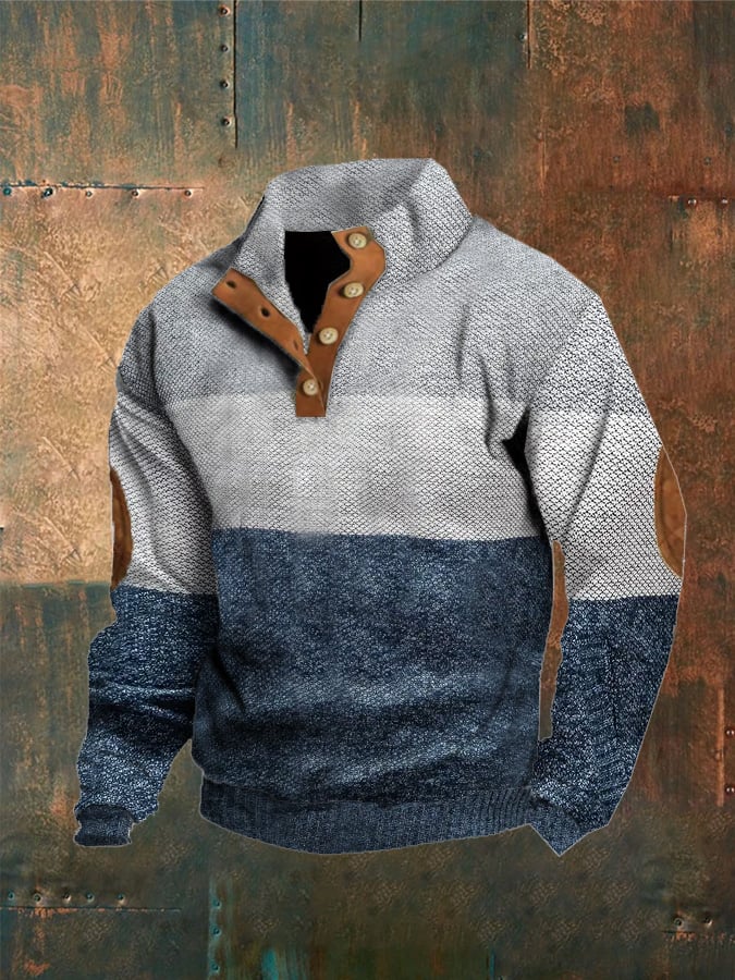 Men'S Patchwork Print Button Casual Sweatshirt
