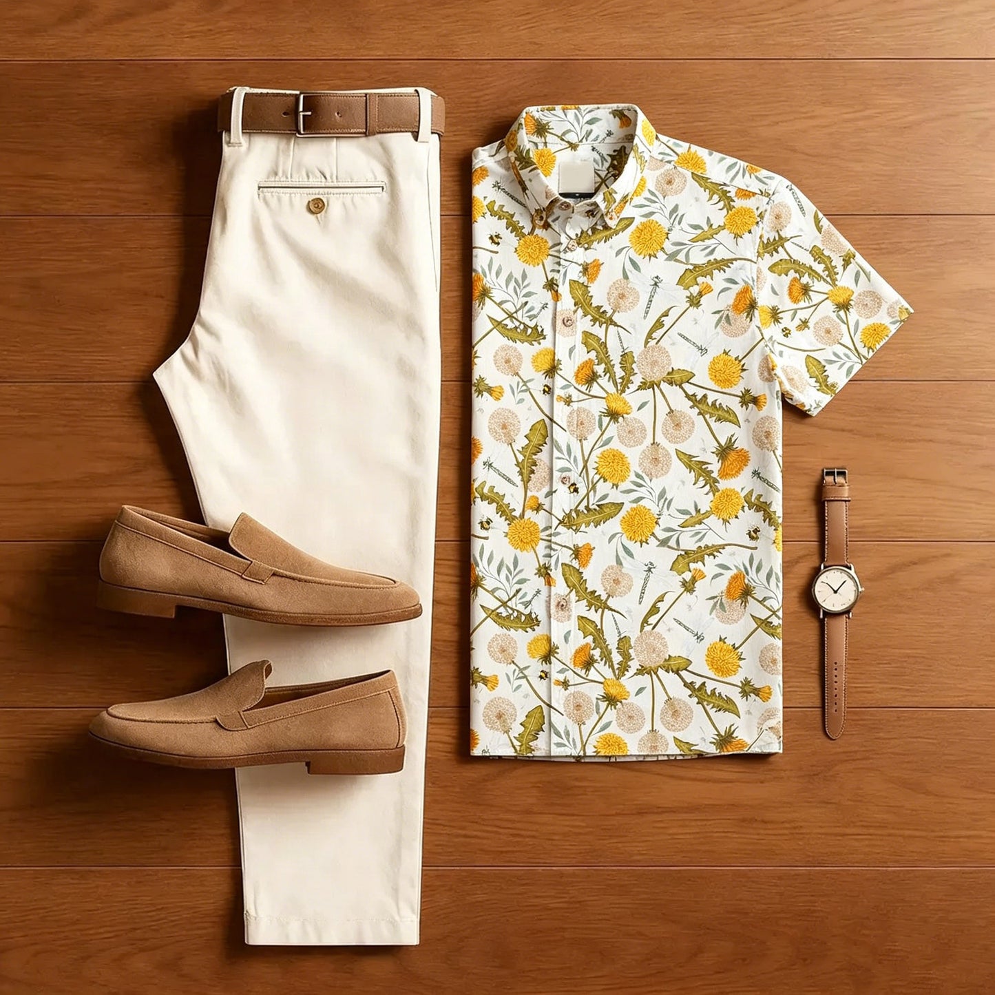 Men Wild Dandelion Floral Print Short Sleeve Shirt & Beige Pants Two Piece Set