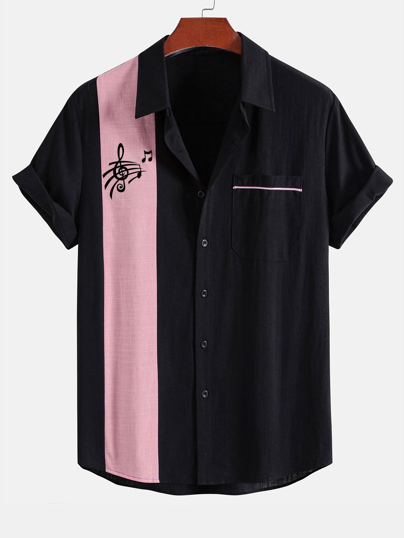 Musical Note Print Linen Look Contrast Button Up Shirt