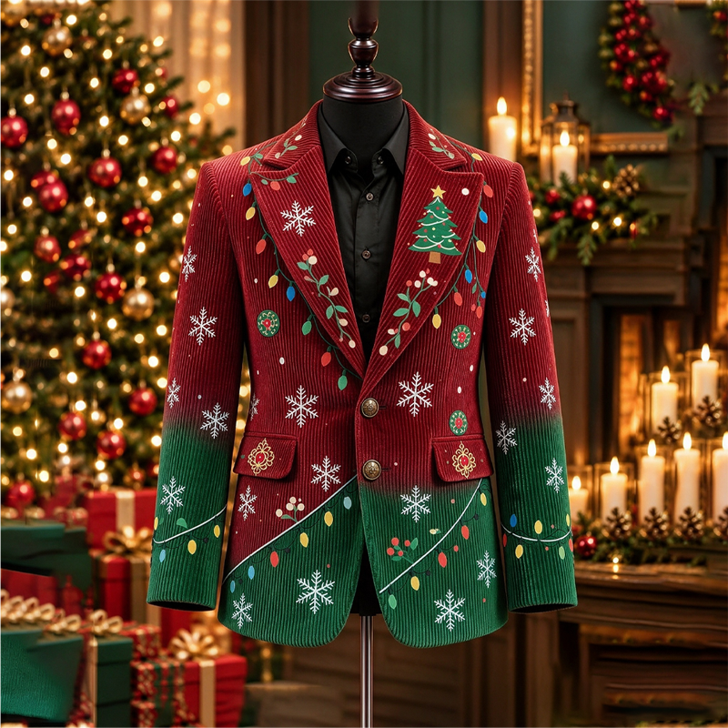 Men's Christmas Gradient Christmas Tree Snowflake String Light Corduroy Casual Blazer